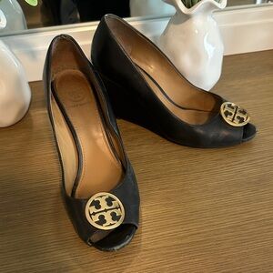 Tory Burch Black Wedges with Gold Accents
